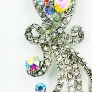 CRYSTAL GLASS RHINESTONE LARGE PEACOCK BROOCH NEW OLD STOCK SILVERTONE AB  CLEAR